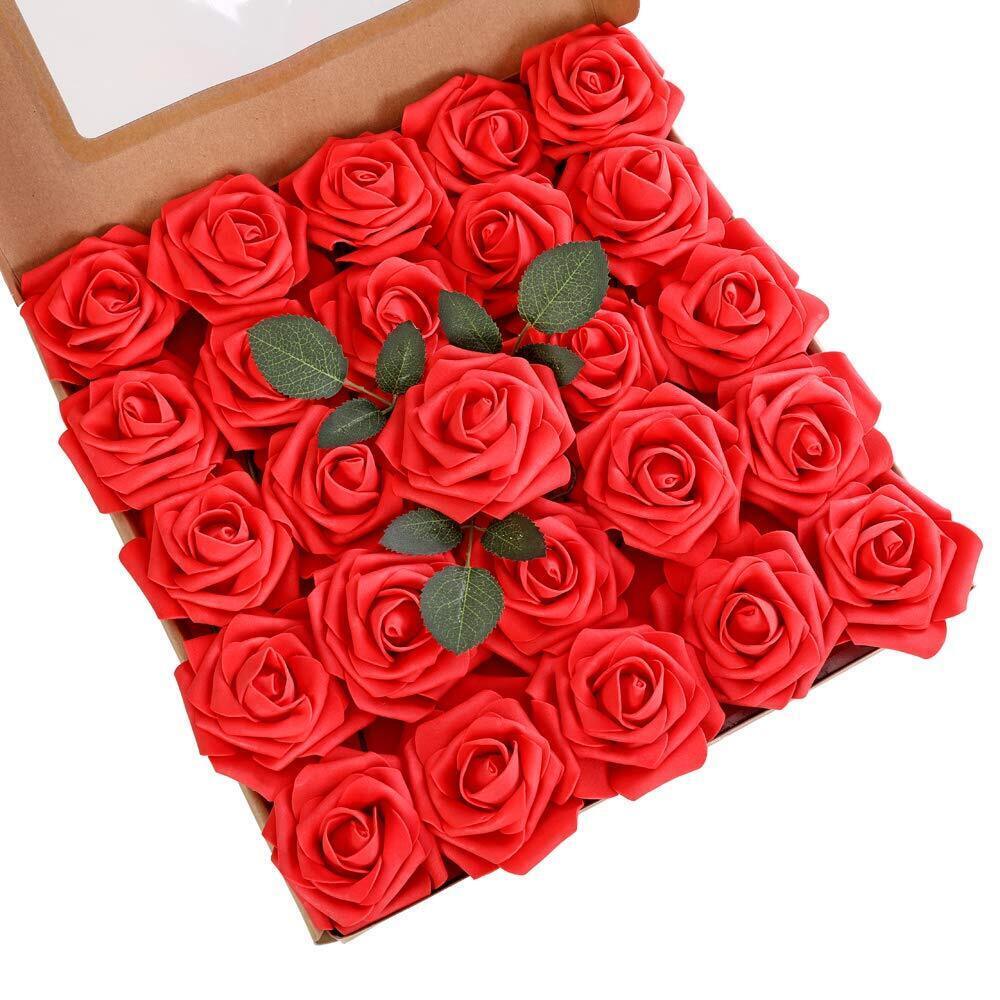 9149 Artificial Roses Flowers 25pcs Red Real Looking Roses w/Stem for DIY